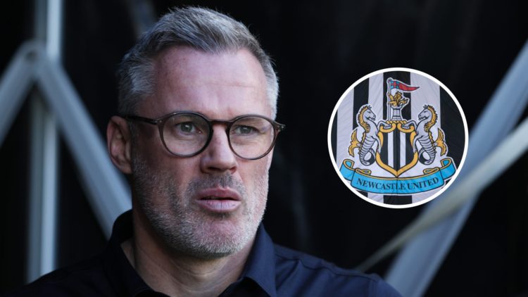 Jamie Carragher arrives at Craven Cottage, Newcastle United club badge