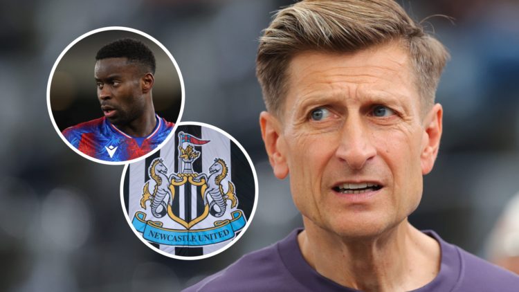 Steve Parish watching England, Marc Guehi playing for Crystal Palace, Newcastle United club crest