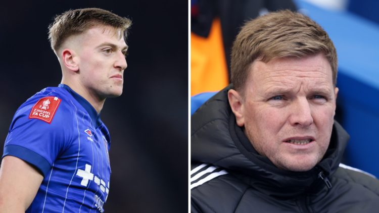 Liam Delap playing for Ipswich. Eddie Howe managing Newcastle United.
