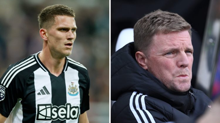 Sven Botman playing for Newcastle United, Eddie Howe watching Newcastle United