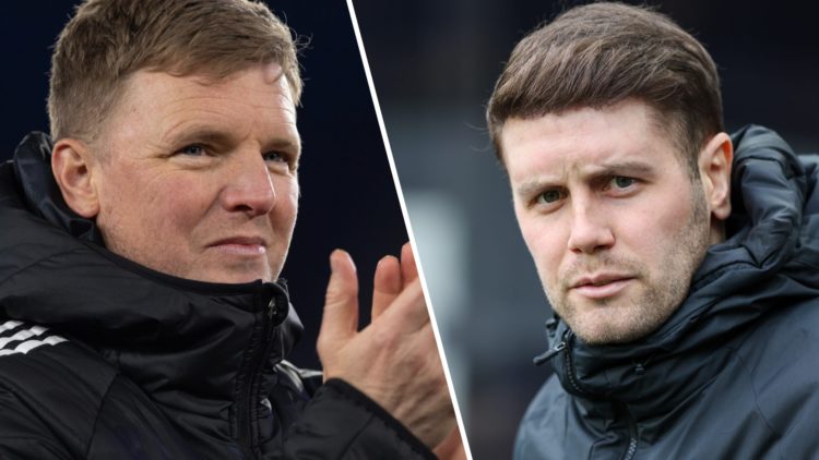 Split image: Eddie Howe clapping Newcastle fans (L). Brighton manager Fabian Hurzeler.