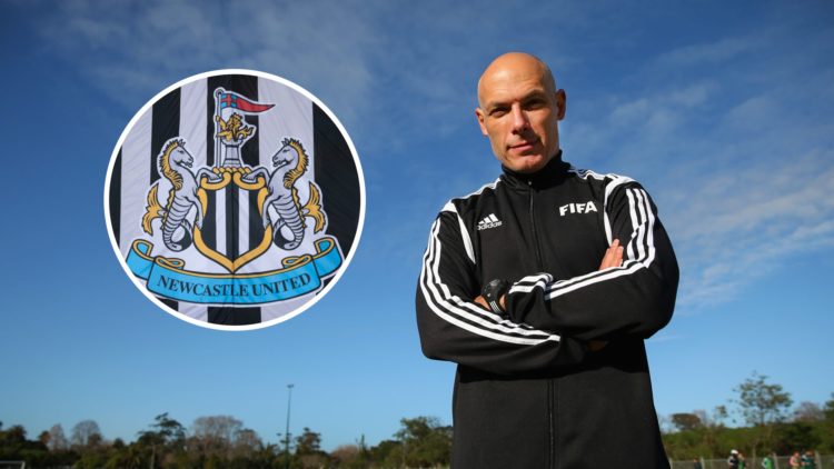 Howard Webb poses for a portrait prior to a FIFA referee training session during the FIFA U-20 World Cup. Inset: The Newcastle United badge