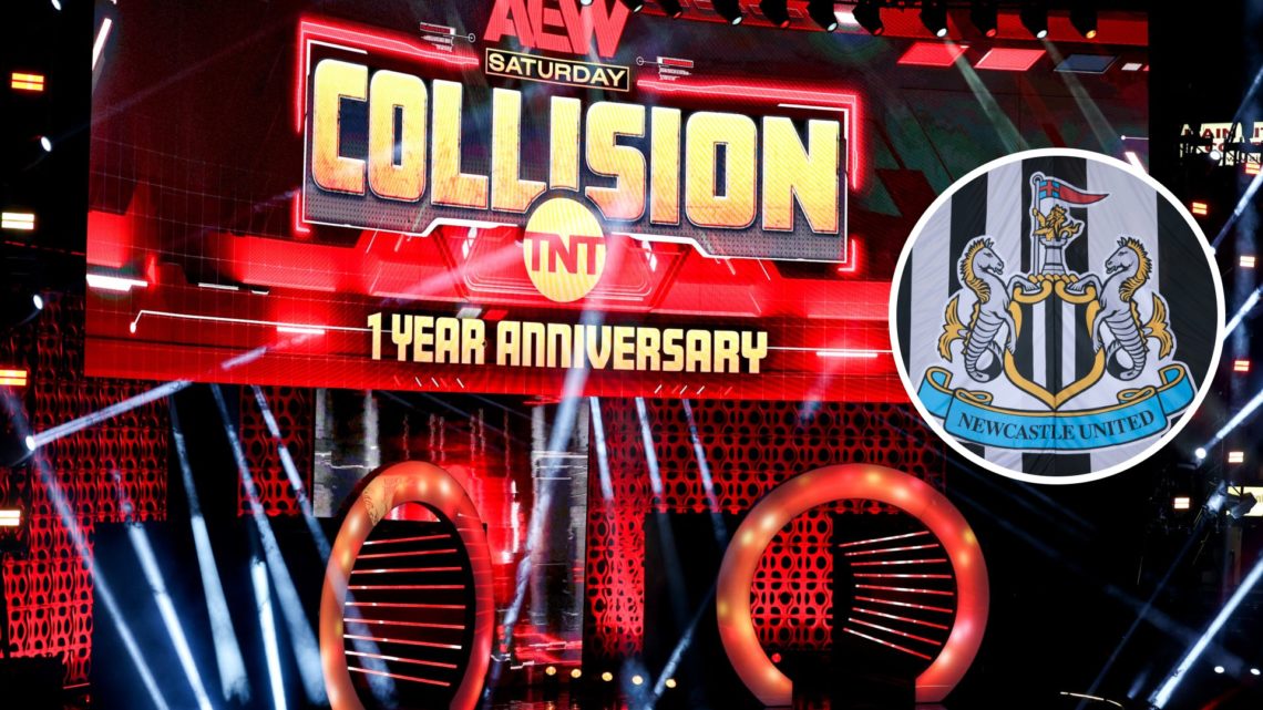 A general view of the AEW stage prior to AEW Collision. Inset: The Newcastle United badge