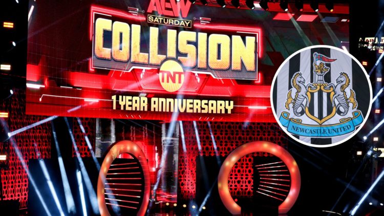 A general view of the AEW stage prior to AEW Collision. Inset: The Newcastle United badge