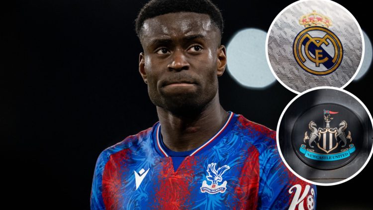 Crystal Palace defender Marc Guehi. General images of the Real Madrid and Newcastle United club crests.
