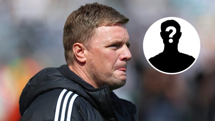 Eddie Howe watches on before a Newcastle United Premier League game. A mystery player inset is shown.