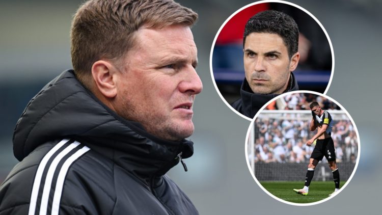 Newcastle United manager Eddie Howe watches his side in action. Insets: Arsenal manager Mikel Arteta. Sven Botman rubs his face with his shirt.