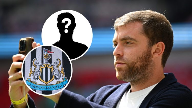 Fabrizio Romano takes a selfie at Wembley, Newcastle United badge, mystery player