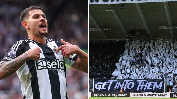 Bruno Guimaraes of Newcastle United celebrates after scoring a goal to make it 4-1 during the Premier League match between Newcastle United FC and ...