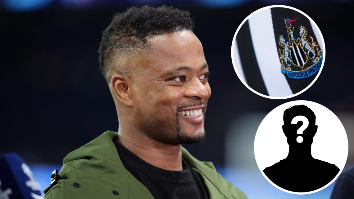 Patrice Evra speaking as a pundit. Newcastle United club crest. Mystery player inset.