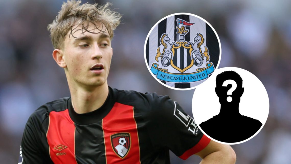 Dean Huijsen playing for Bournemouth, Newcastle United badge on a black and white flag