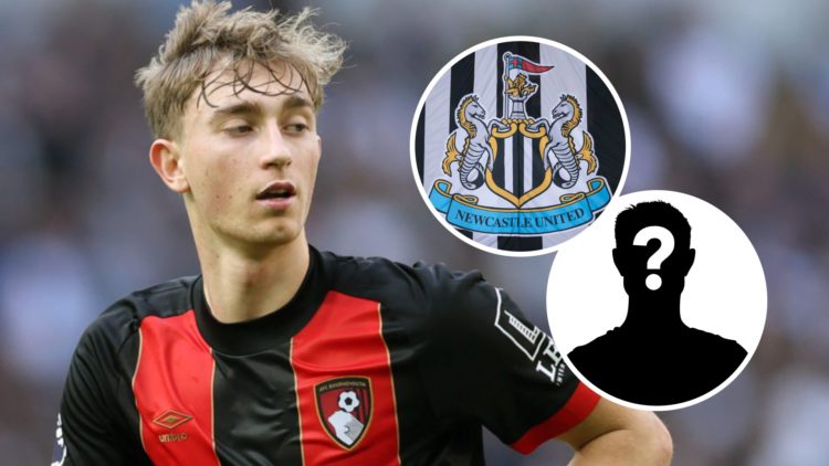 Dean Huijsen playing for Bournemouth, Newcastle United badge on a black and white flag