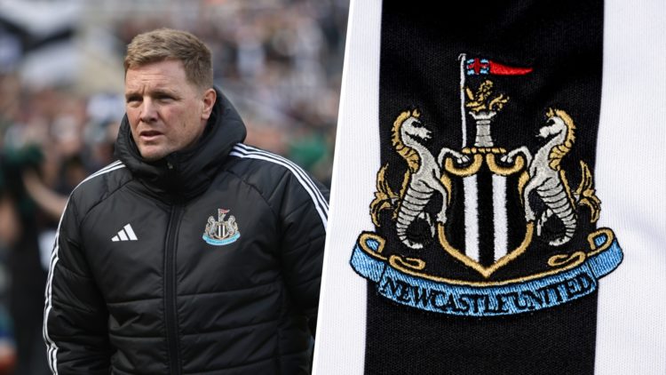 Newcastle United Manager Eddie Howe during the Premier League match between Newcastle United and Ipswich Town. A detailed view of the badge of Newc...