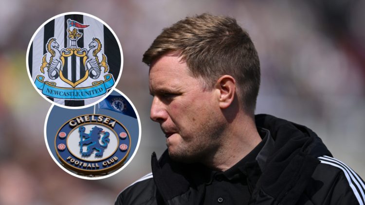 Eddie Howe, Manager of Newcastle United, looks on prior to the Premier League match between Newcastle United FC and Chelsea FC. Inset: The Newcastl...