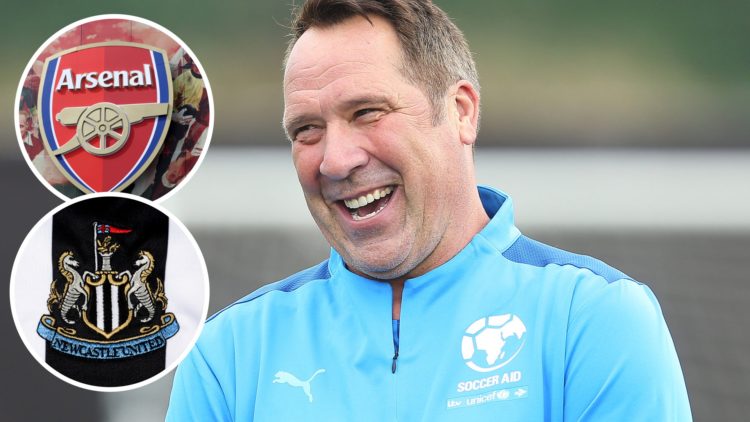 David Seamen in Soccer Aid training. Arsenal and Newcastle United club badges.