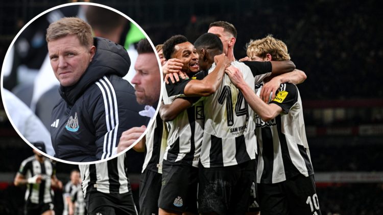 Inset, Eddie Howe managing Newcastle United. Newcastle United players celebrate Alexander Isak's goal against Arsenal.