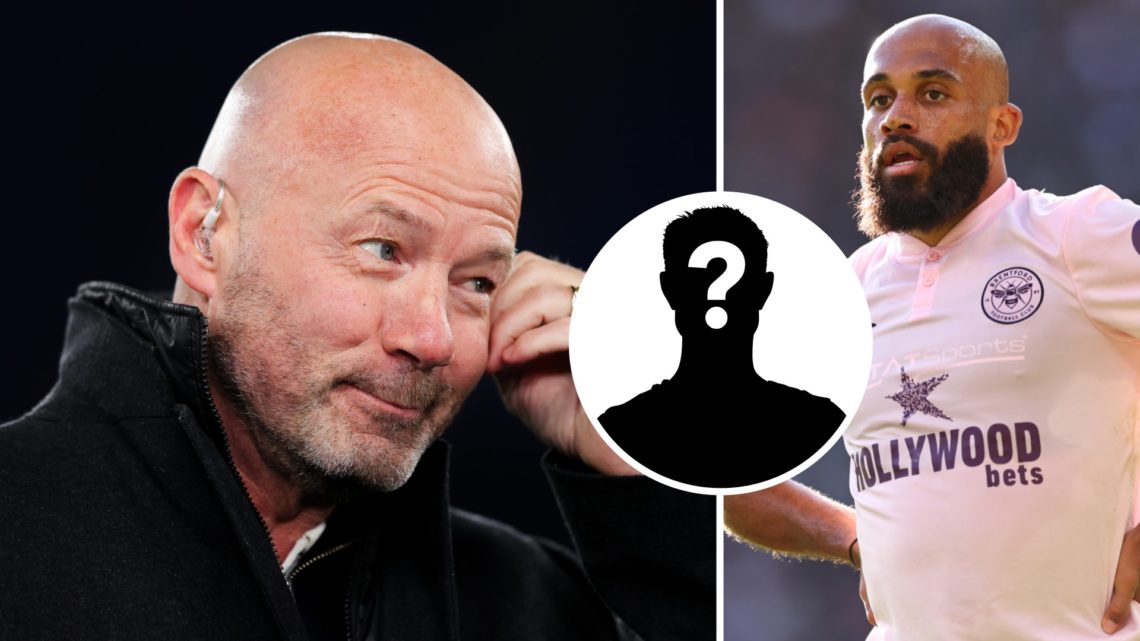 Split image: Alan Shearer smiling (L). Bryan Mbeumo with his hands on his hips playing for Brentford. Inset: Mystery figure.
