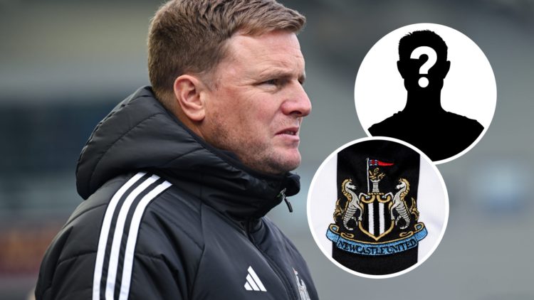 Newcastle United Head Coach Eddie Howe looks on during the Premier League match between Brighton & Hove Albion FC and Newcastle United FC. Inset: T...