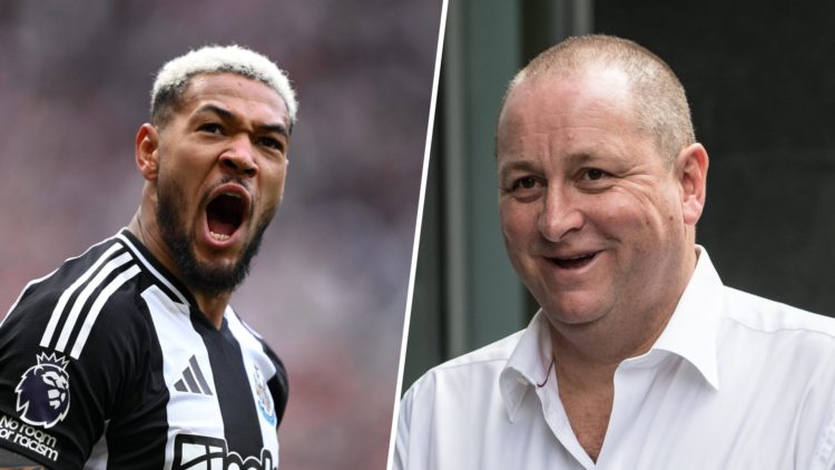 Joelinton of Newcastle United celebrates after Harvey Barnes of Newcastle United (not pictured) scores his team's third goal during the Premier Lea...