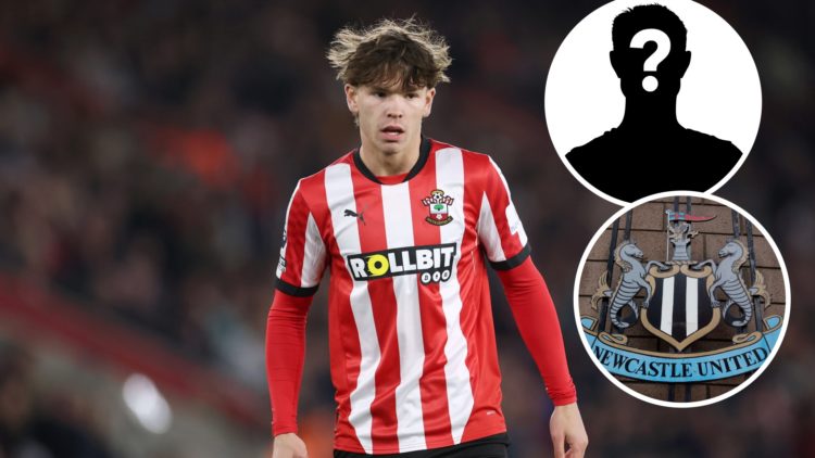 Tyler Dibling playing for Southampton in the Premier League. Inset, a general view of the Newcastle United club badge.