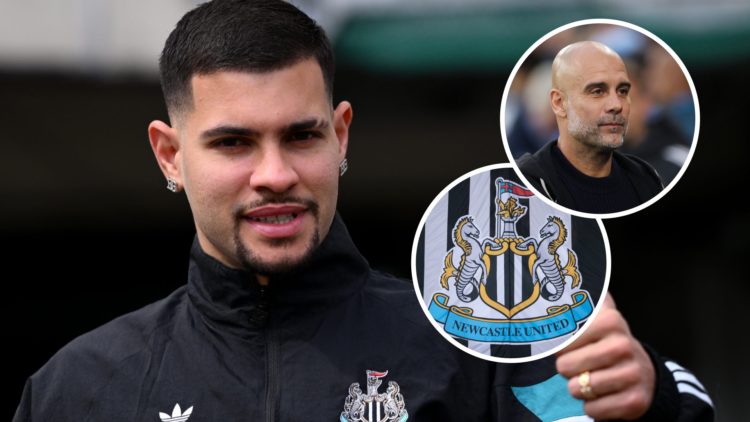 Bruno Guimaraes of Newcastle United gives a thumbs up as he arrives at the stadium prior to the Premier League match between Newcastle United FC an...