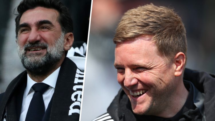 Newcastle United chairman Yasir Al-Rumayyan watching a game. Eddie Howe smiles before a Newcastle United game.