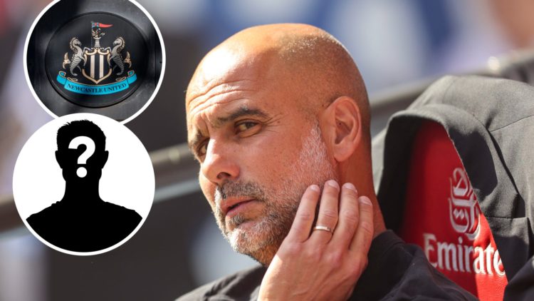 Pep Guardiola managing Man City in the FA Cup final. Inset, general view of the Newcastle United badge.