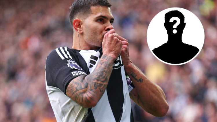 Bruno Guimaraes playing for Newcastle United. Mystery player inset.