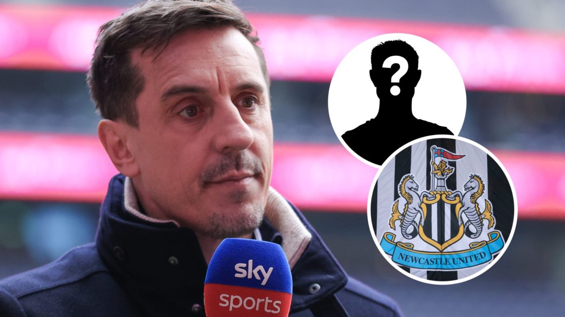 Gary Neville doing punditry for Sky Sports, Newcastle United badge on a flag, mystery player