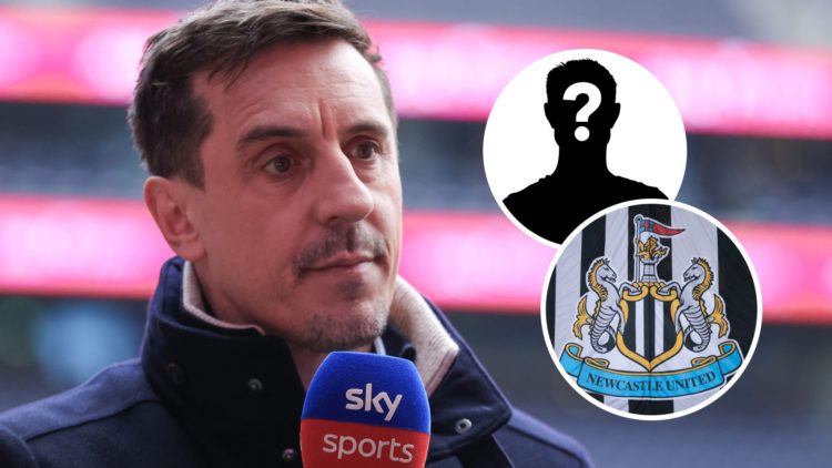 Gary Neville doing punditry for Sky Sports, Newcastle United badge on a flag, mystery player