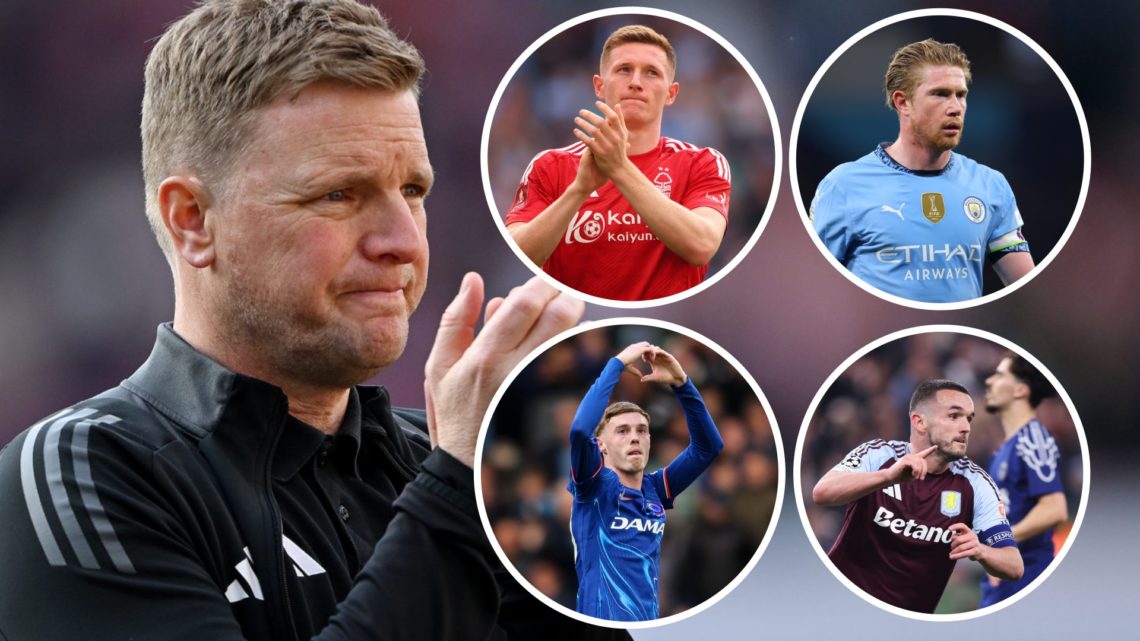 Eddie Howe looks disappointed as he applauds supporters. Insets: Elliot Anderson, Kevin De Bruyne, Cole Palmer and John McGinn.