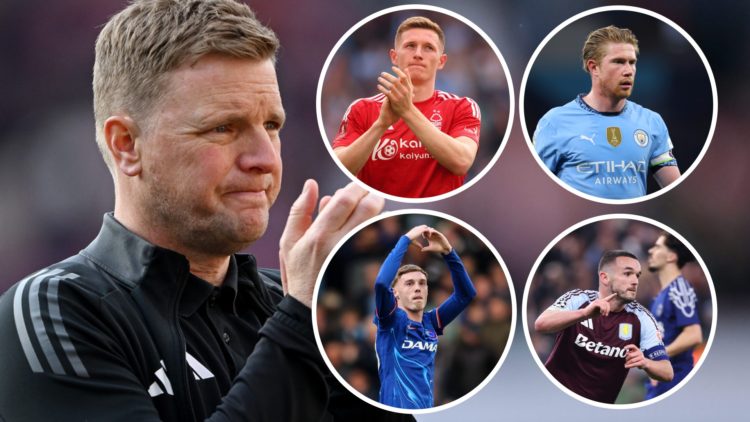 Eddie Howe looks disappointed as he applauds supporters. Insets: Elliot Anderson, Kevin De Bruyne, Cole Palmer and John McGinn.