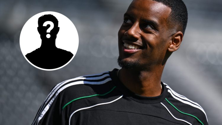 Alexander Isak looking up and smiling. Inset: Mystery figure.