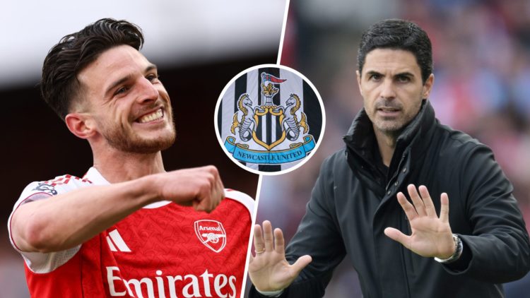 Declan Rice celebrates scoring for Arsenal against Newcastle, Mikel Arteta managing Arsenal against Newcastle, Newcastle United club crest