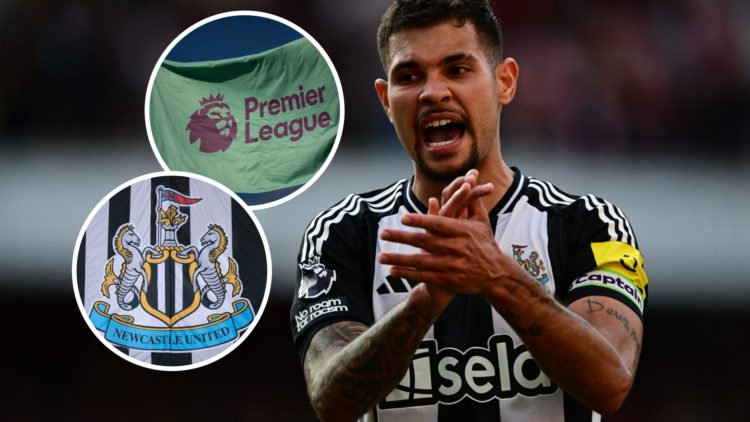 Bruno Guimaraes of Newcastle United claps the fans following the Premier League match between Arsenal FC and Newcastle United FC. Inset: The Newcas...