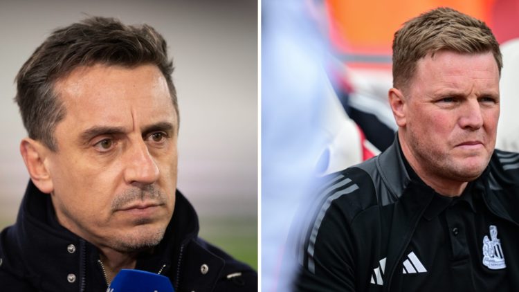 Gary Neville speaks as a pundit. Eddie Howe managing Newcastle United against Arsenal.