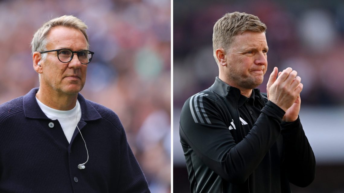 Paul Merson speaks as a pundit. Eddie Howe applauds the Newcastle United fans.