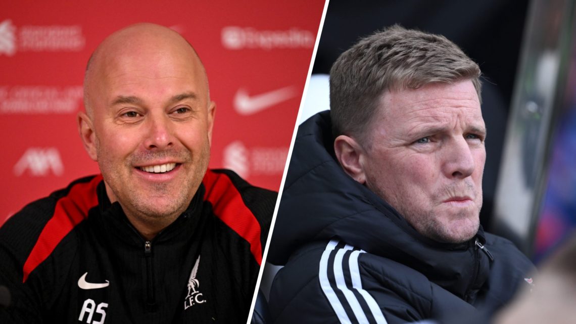Arne Slot speaking at a Liverpool press conference. Eddie Howe watching Newcastle United.