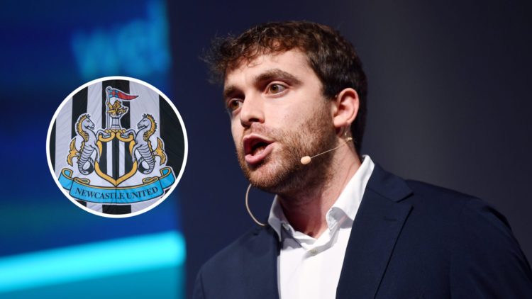 Football journalist Fabrizio Romano speaking at an event, Newcastle United club badge on a flag