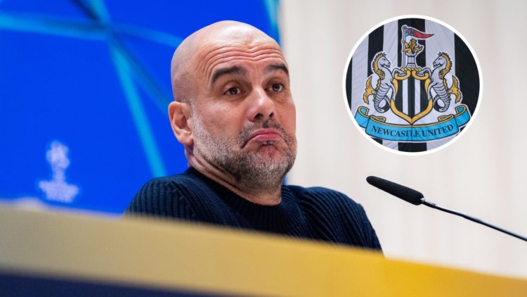 Pep Guardiola speaks during a Manchester City press conference. General view of the Newcastle United badge.