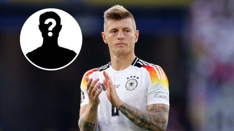 Toni Kroos claps to the fans after Germany lose to Spain at Euro 2024. Mystery player inset.