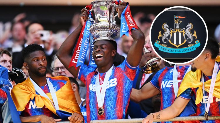 Marc Guehi lifts the FA Cup after Crystal Palace beat Manchester City. General view of the Newcastle United badge.