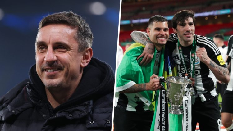 Gary Neville doing punditry, Bruno Guimaraes and Sandro Tonali pose with the Carabao Cup trophy