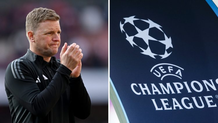 Eddie Howe claps to the fans after Newcastle United lose to Arsenal. General view of the Champions League logo.