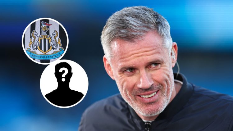 Jamie Carragher doing Premier League punditry, Newcastle United badge on a flag