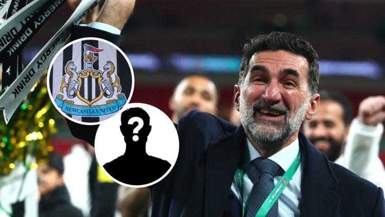 Newcastle United chairman and PIF chief Yasir Al-Rumayyan with the Carabao Cup trophy, Newcastle United badge, mystery player