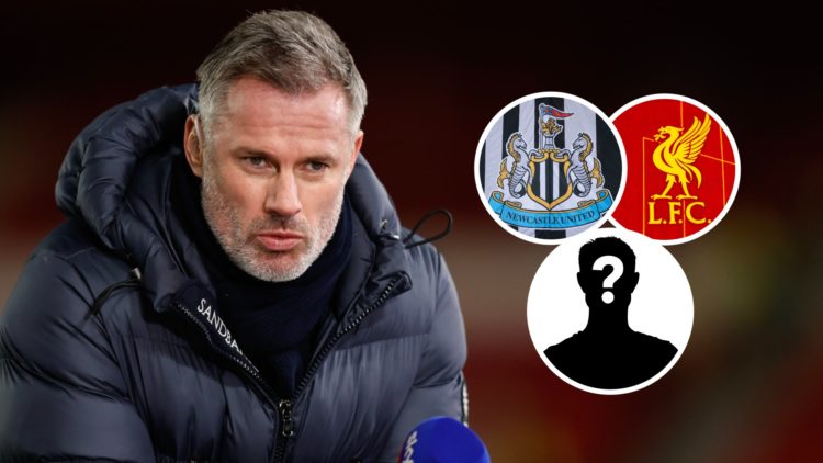Jamie Carragher doing punditry, Newcastle United club badge, Liverpool club badge, mystery player