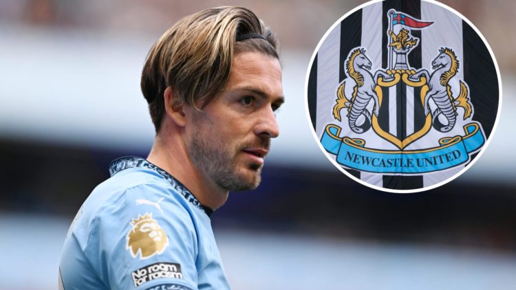 Jack Grealish playing for Manchester City against Ipswich Town. General view of the Newcastle United badge.