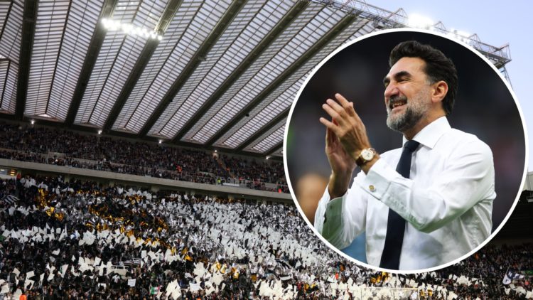 Yasir Al-Rumayyan claps Newcastle United fans. General view of Newcastle fans inside St James' Park.