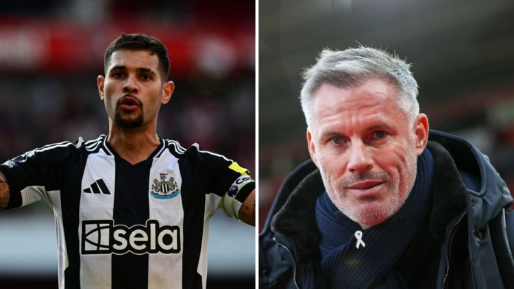 Bruno Guimaraes playing for Newcastle United against Arsenal, Jamie Carragher doing punditry